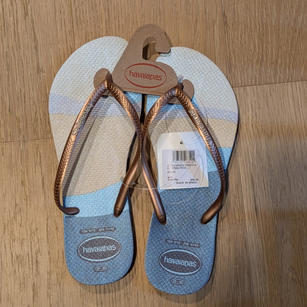 Havaianas Striped Blue & White Flip Flops with Bronze Straps